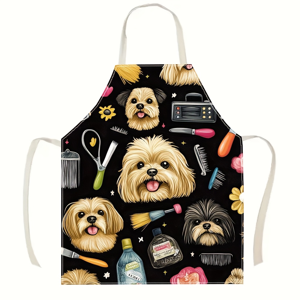 Kitchen Baking Background - 1pc 面白い犬のグルーマーエプロン かわいい子犬の顔とサロンツールのプリント付き 黒背景 キッチン ベーキング