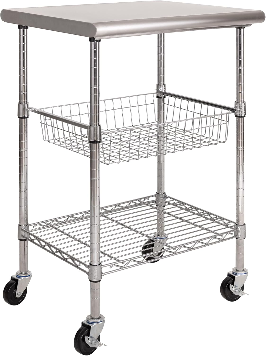 Kitchen Baking Cart - ステンレス製業務用調理台カート、モバイルキッチンアイランドワークステーション、調節可能なワイヤーシェルフとスライド式バスケット付き、ロック可能な車輪付き、料理・ベーキング・食品準備用