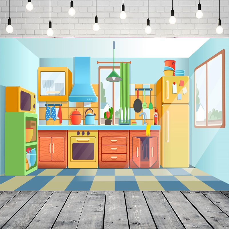 Kitchen Baking Background - 写真撮影用背景幕 子供用 漫画キッチン ベーキング クッキングパーティー 誕生日背景