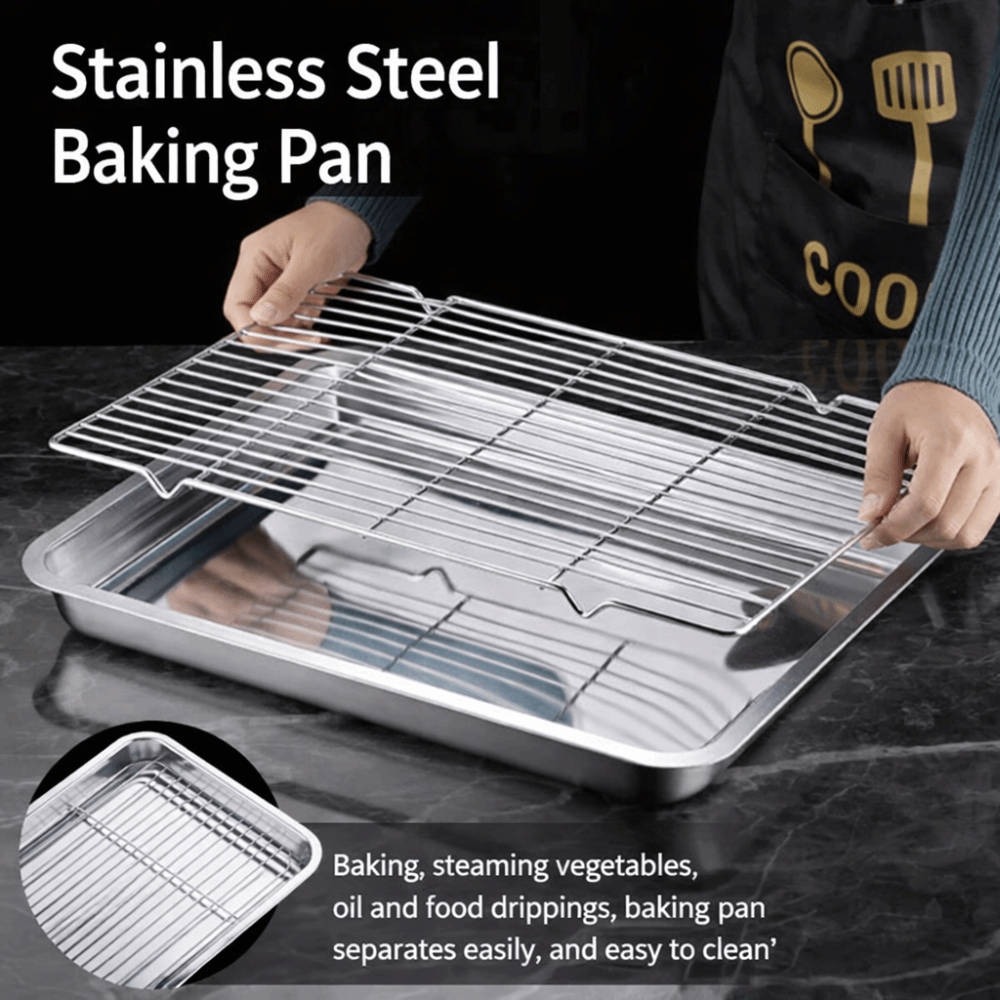 Kitchen Baking Tray Rack - ポータブルノンスティックステンレス製ベーキングパン、冷却ラック付き、バーベキュートレイ、正方形オーブンラック、調理・ロースト用