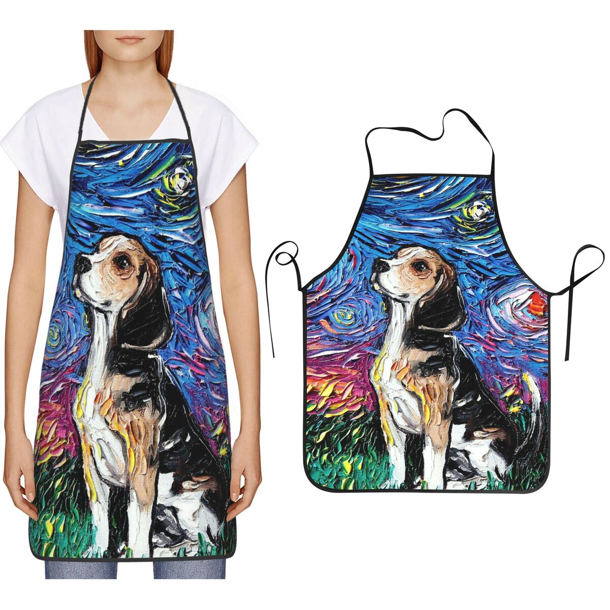 Kitchen Baking Background - 油絵風星空背景犬エプロンシェフ調理ベーキングタブリエビブキッチンクリーニングピナフォア女性男性用