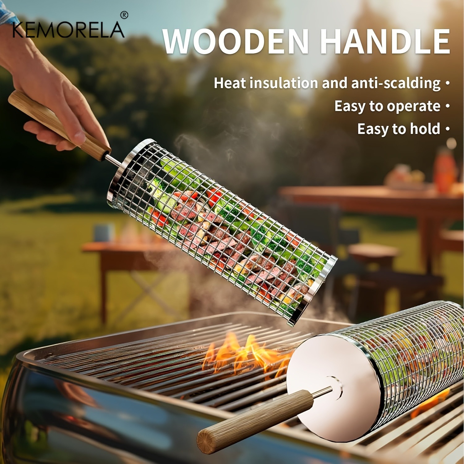 Kitchen Baking Tray Rack - 丸型バーベキューグリルバスケットセット、ステンレス製回転式BBQケージ、ワイヤーメッシュシリンダーグリルラック、アウトドアキャンプ必需品