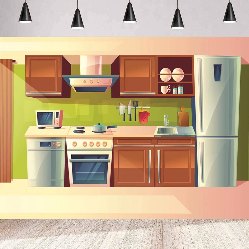 Kitchen Baking Background - 写真撮影の背景漫画キッチンベビーキッズクッキングベーキング背景家のインテリア壁キャビネット食器棚冷蔵庫の装飾