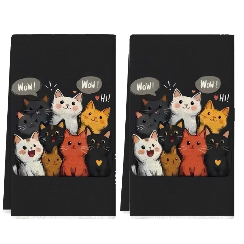 Kitchen Baking Background - 2枚セット、黒背景の猫柄キッチンタオル、40cm*60cmタオルセット、超吸収性ソフトクリーニングクロス、クッキング＆ベーキングティータオル、ハンドタオル、クリーニングクロス、ディッシュクロス、キッチン装飾、リビングルーム装飾、キッチン必需品、家庭必需品