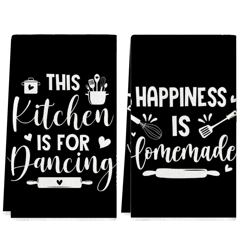 Kitchen Baking Background - 2枚セット、黒地に楽しい文字が入ったキッチンタオル、40cm*60cmタオルセット、超吸収性ソフトクリーニングクロス、クッキング＆ベーキングティータオル、ハンドタオル、クリーニングクロス、ディッシュクロス、キッチン装飾、リビングルーム装飾、キッチン必需品、家庭必需品