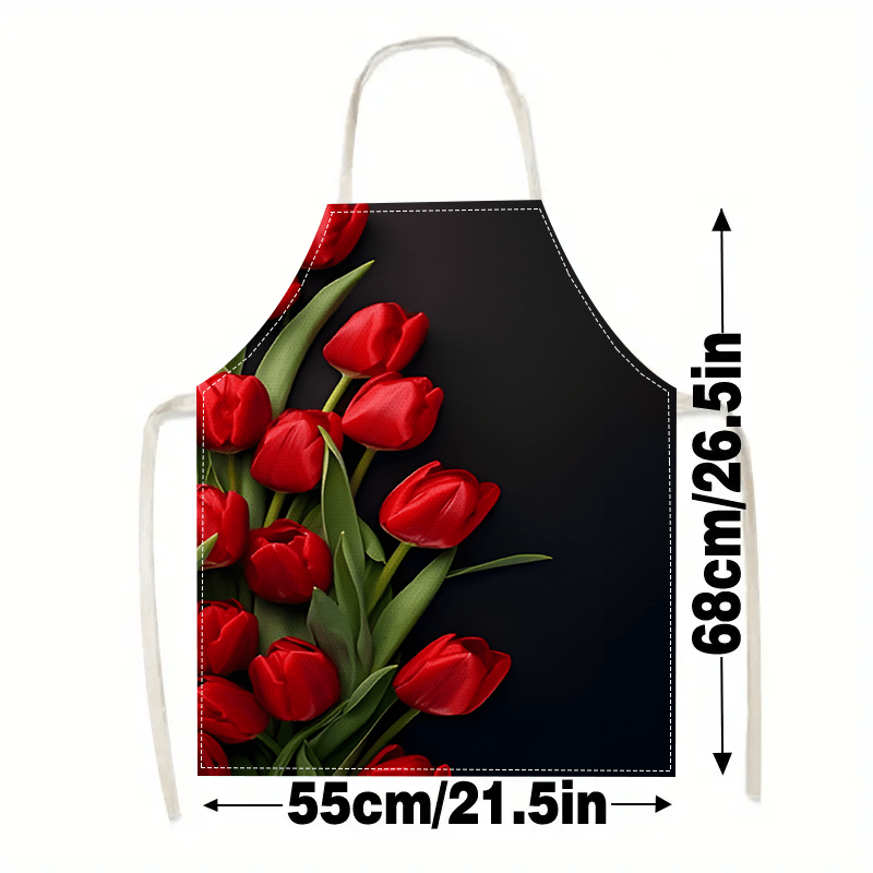 1pc レッドチューリップフラワー黒背景リネンエプロンキッチ - Kitchen Baking Background のレビューと価格