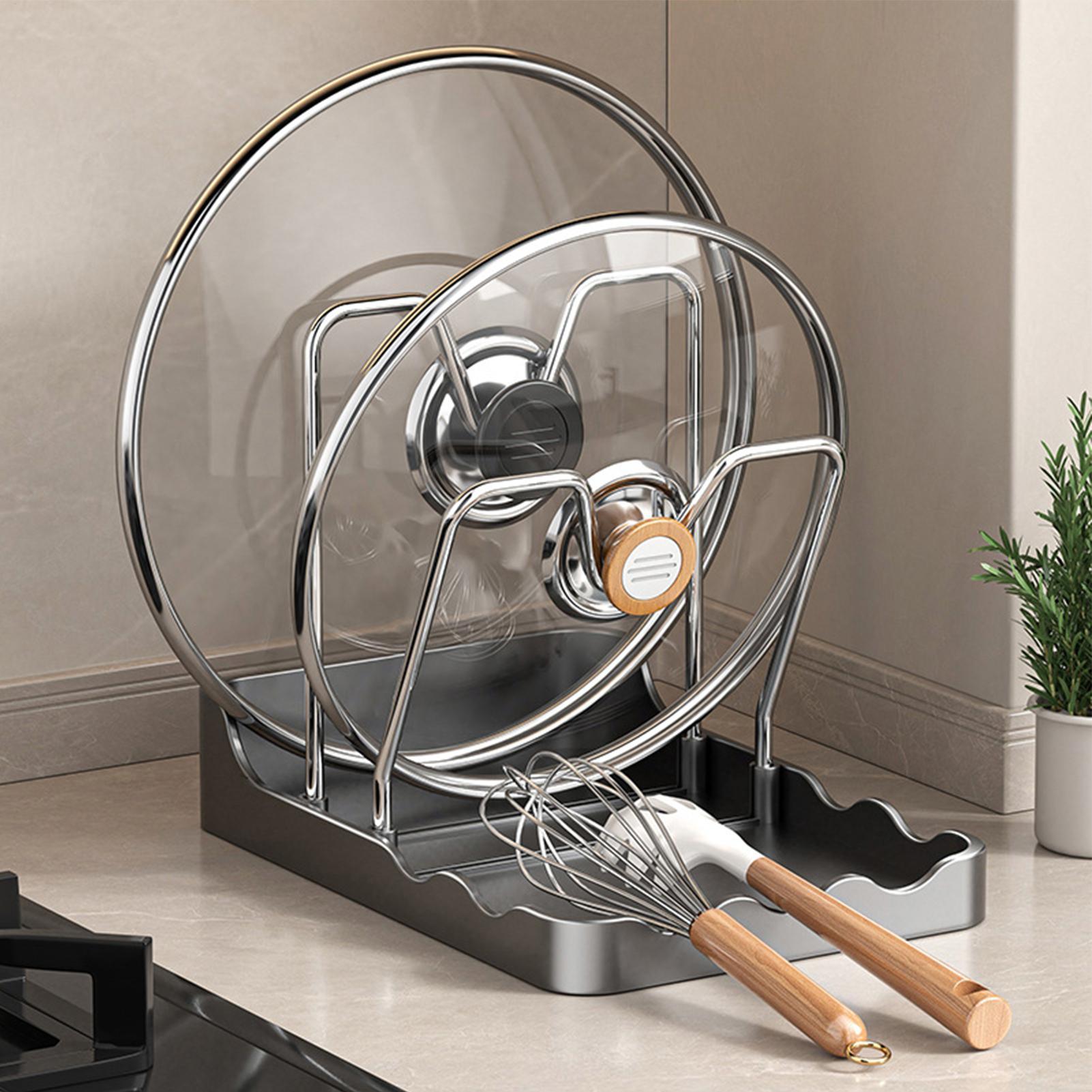 鍋蓋オーガナイザー 垂れ下がり防止トレイ付き縦型スプーンディ - Kitchen Baking Tray Rack のレビューと価格