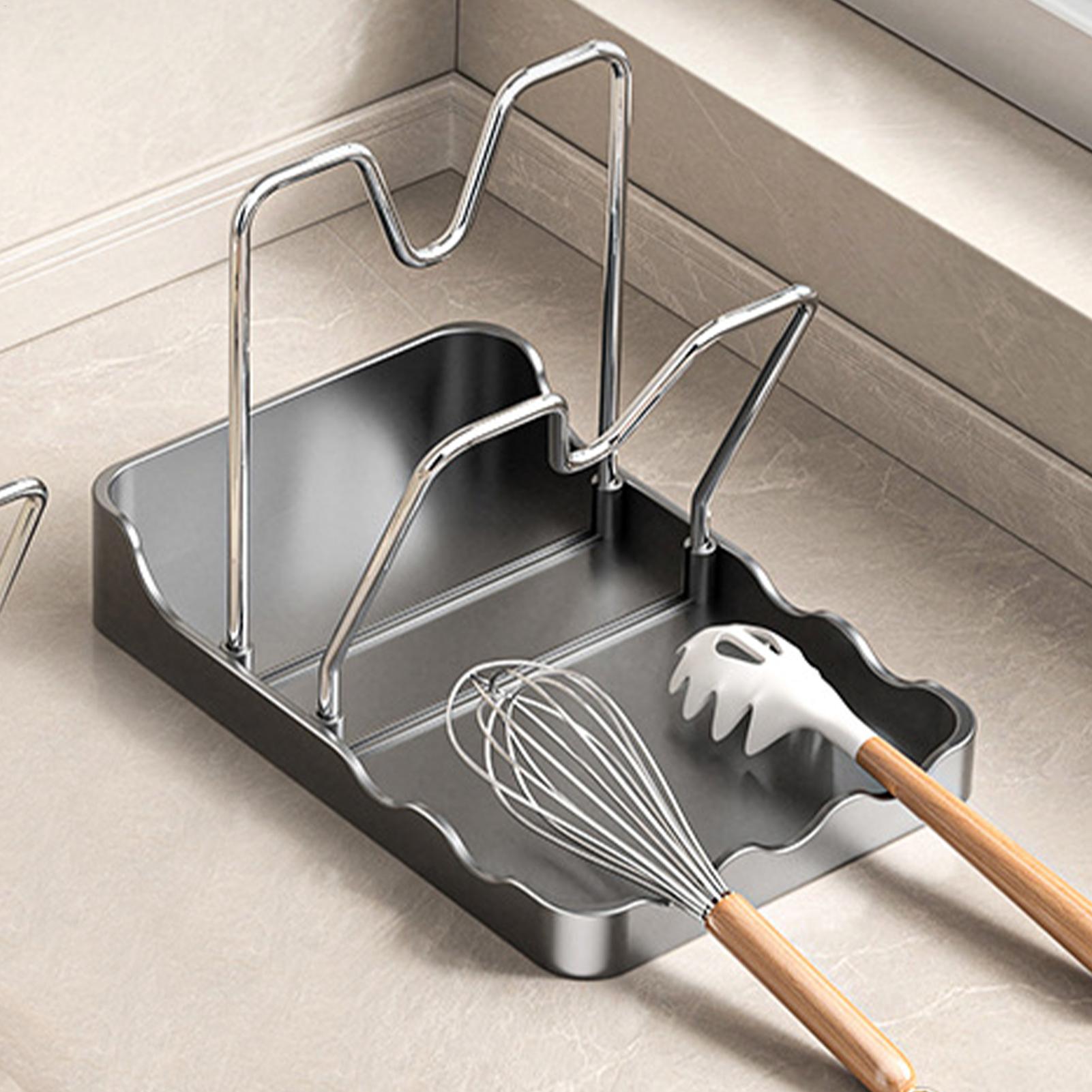 鍋蓋オーガナイザー 垂れ下がり防止トレイ付き縦型スプーンディ - Kitchen Baking Tray Rack のレビューと価格