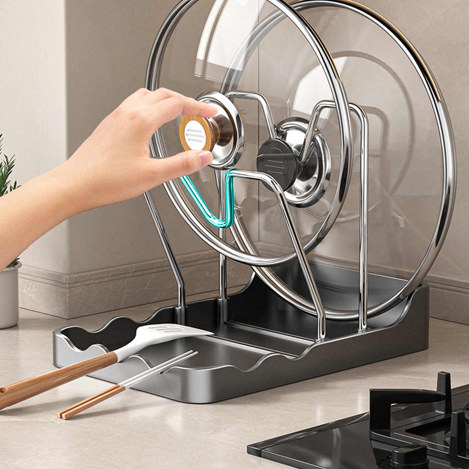 鍋蓋オーガナイザー 垂れ下がり防止トレイ付き縦型スプーンディ - Kitchen Baking Tray Rack のレビューと価格